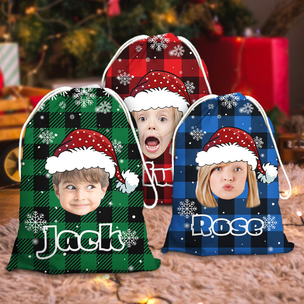 Personalized Santa Sack - Christmas Gift For Family - Plaid Pattern Face Photo AB