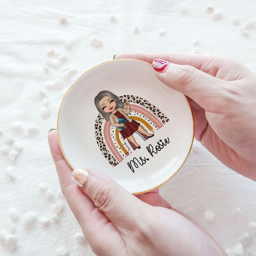 Custom Rainbow Teacher Name Round Jewelry Ring Dish, Jewelry Tray, Gift For Teacher Trang的产品