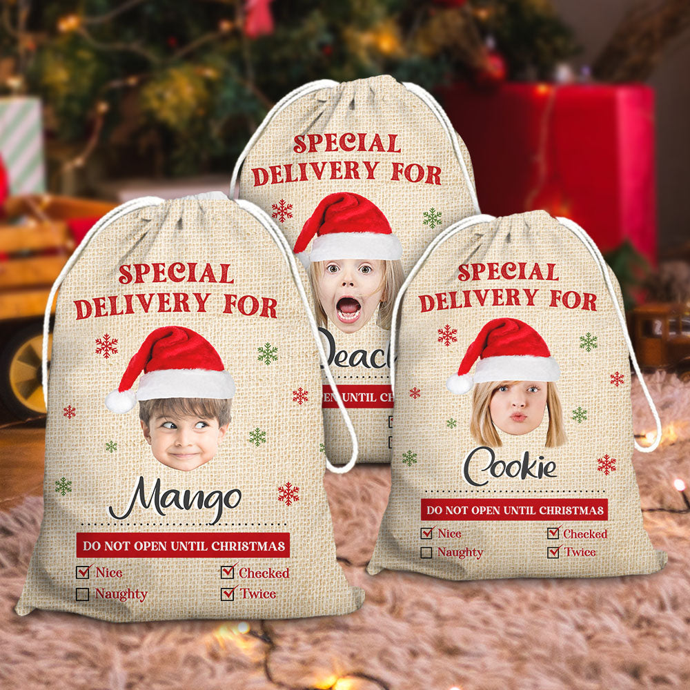 Personalized Santa Sack - Christmas Gift For Family - Gunny Pattern Face Photo AB