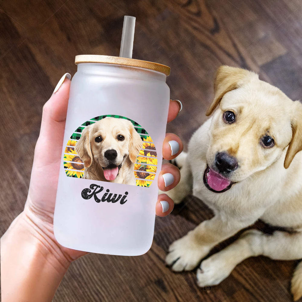 Custom Retro Style Dog Cat Photo Glass Bottle/Frosted Bottle With Lid & Straw, Pet Lover Gift AF