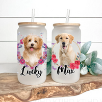 Thumbnail for Personalized Multicolor Floral Butterfly Dog Cat Photo Glass Bottle/Frosted Bottle With Lid & Straw AF