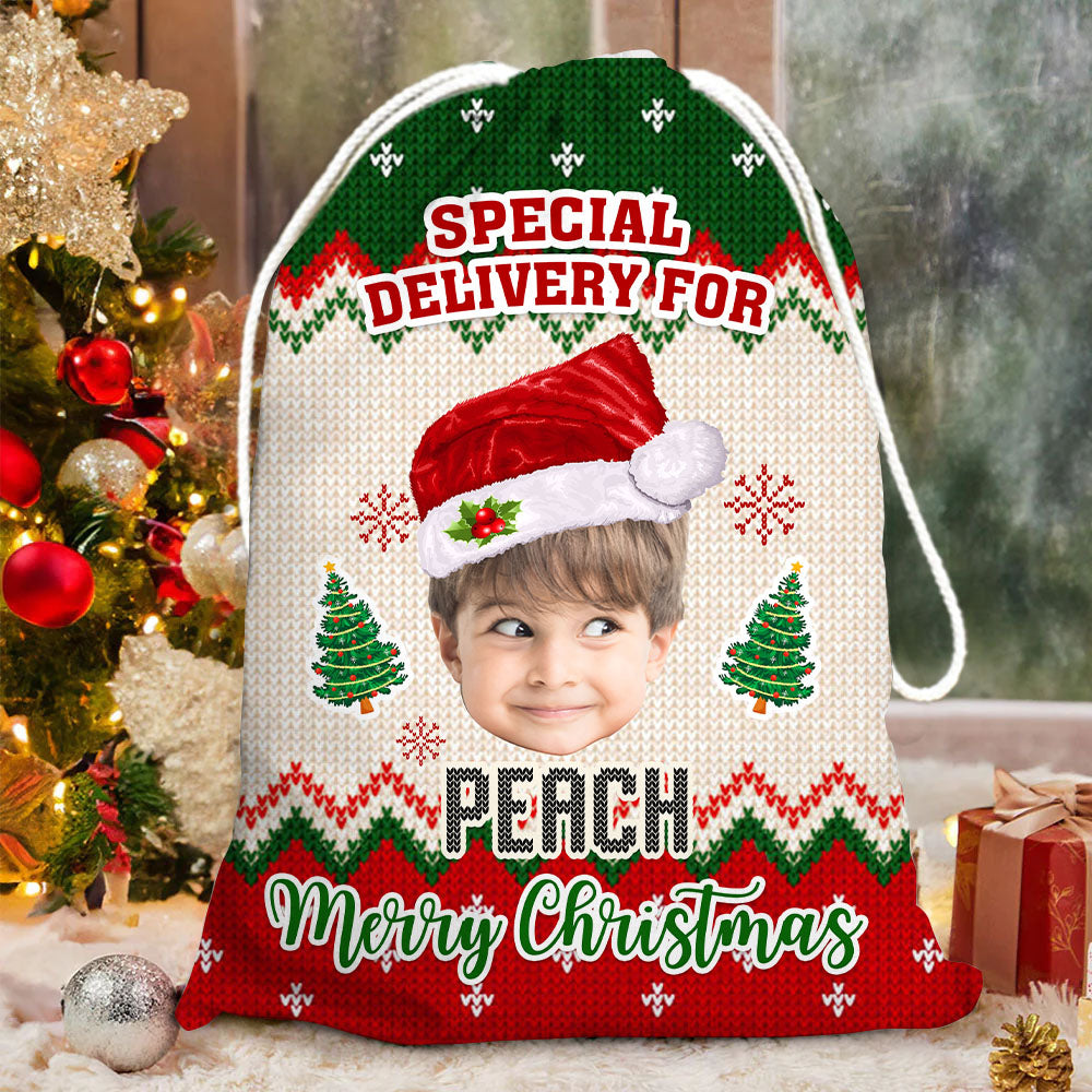 Personalized Santa Sack - Christmas Gift For Family - Ugly Sweater Pattern Face Photo AB