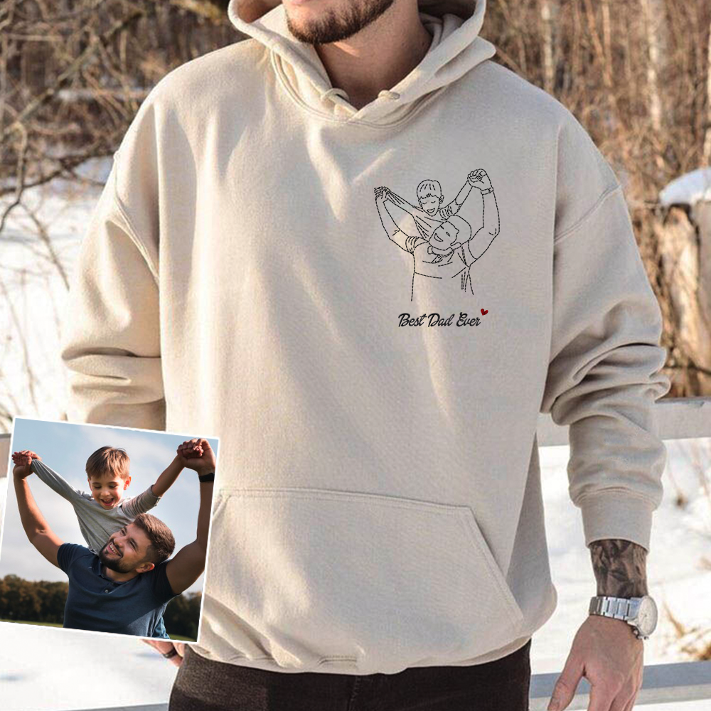 Personalized Embroidered T-shirt, Sweater, Hoodie - Father's Day Gift - Best Dad Ever Line Drawing Photo CustomCat