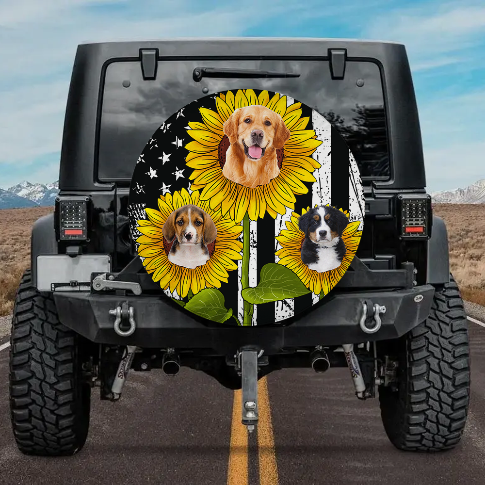 Personalize Pet Photo American Flag Sunflower Spare Tire Cover, Gift For Dog Cat Lovers FC