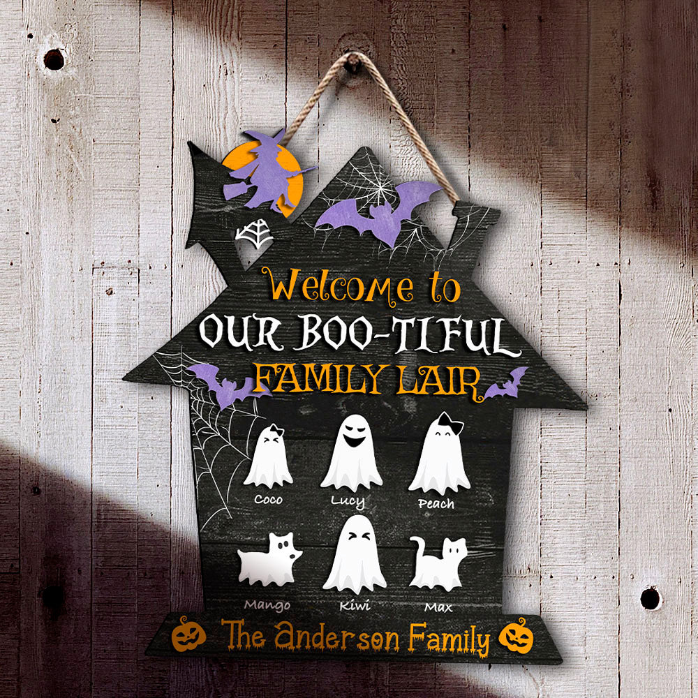 Personalized Shaped Door Sign - Halloween Gift For Family - Welcome To Our Boo-tiful Family Lair AE