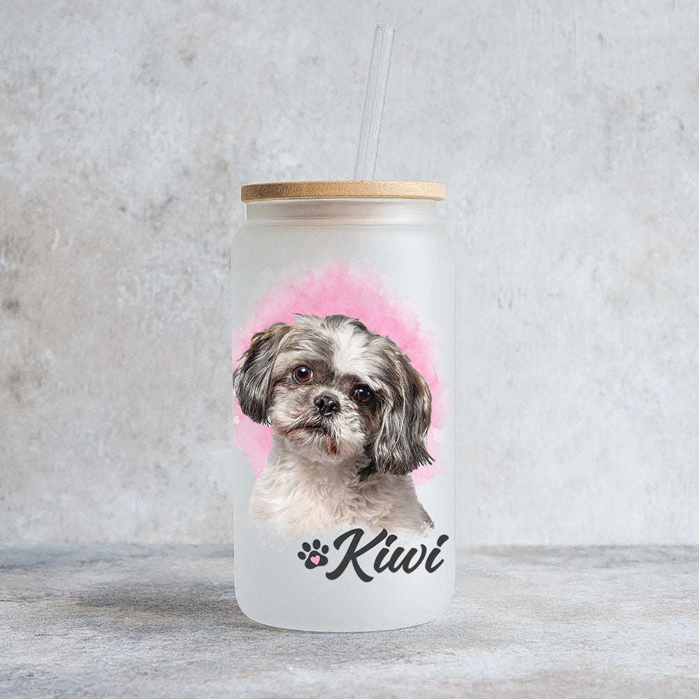 Custom Dog Cat Photo Portraits With Paws Glass Bottle/Frosted Bottle With Lid & Straw, Pet Lover Gift AF