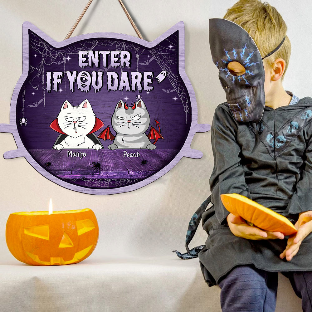 Personalized Cat Shaped Door Sign - Halloween Gift For Cat Lovers - Knock If You Dare AE