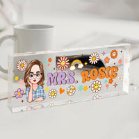Thumbnail for Personalized Acrylic Desk Name Plate - Gift For Teacher - Teacher's Name With Flowers & Rainbow AI