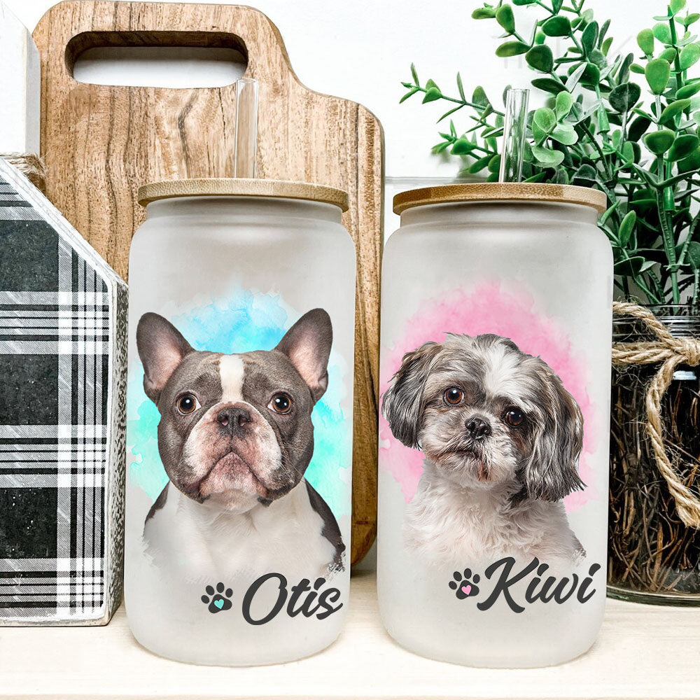Custom Dog Cat Photo Portraits With Paws Glass Bottle/Frosted Bottle With Lid & Straw, Pet Lover Gift AF