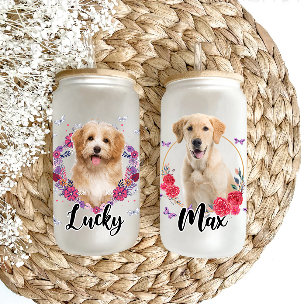 Personalized Multicolor Floral Butterfly Dog Cat Photo Glass Bottle/Frosted Bottle With Lid & Straw AF
