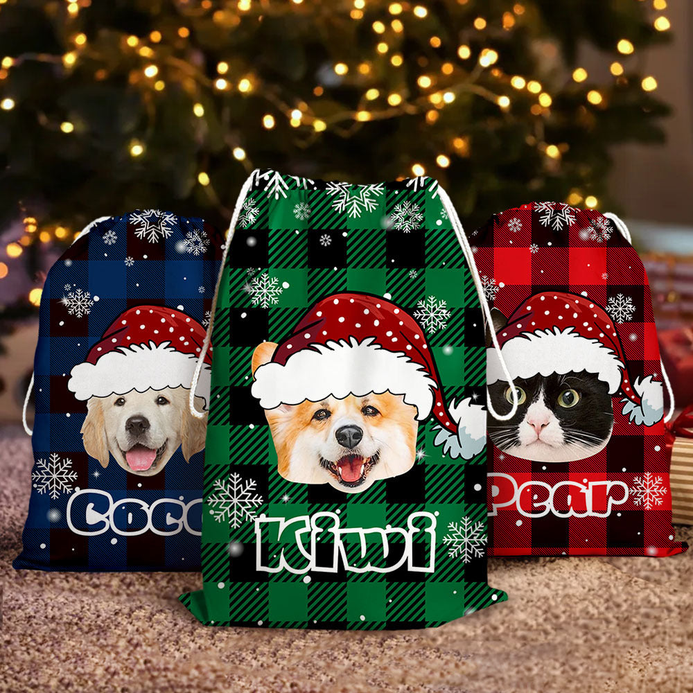 Personalized Santa Sack - Christmas Gift For Pet Lovers - Plaid Pattern Face Photo AB