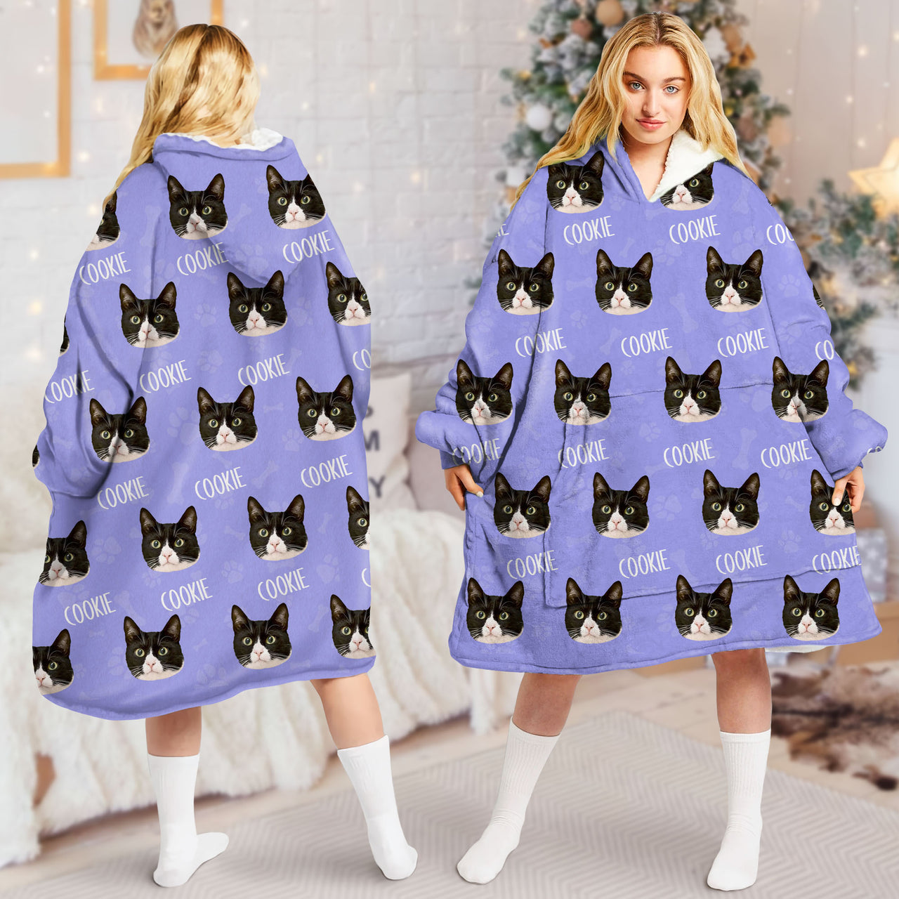 Personalized Blanket Hoodie - Christmas Gift For Pet Lover - Pet Face Photo With Name AB