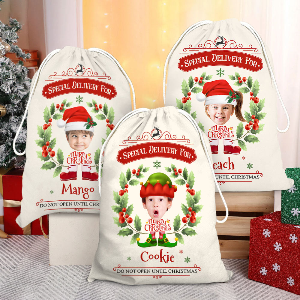 Personalized Santa Sack - Christmas Gift For Family - Holly Christmas Costume Face Photo AB