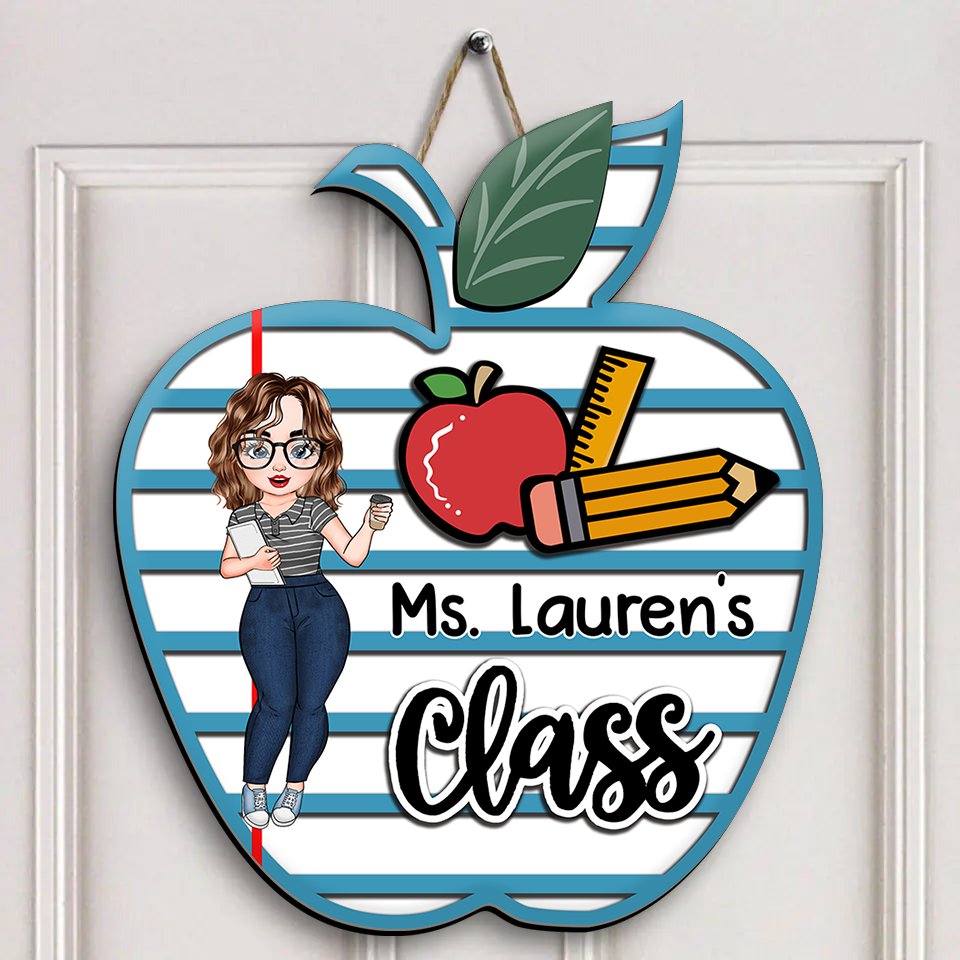 Personalized Teacher Notebook Paper Apple Shaped Door Sign, Welcome Classroom Door Hanger AE