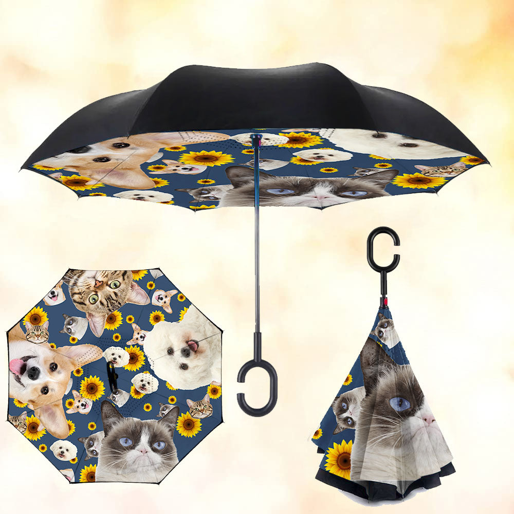 Custom Pet Photo Windproof Reverse Upside Down C-Handle Double Layer Umbrella, Gift For Pet Lover JonxiFon