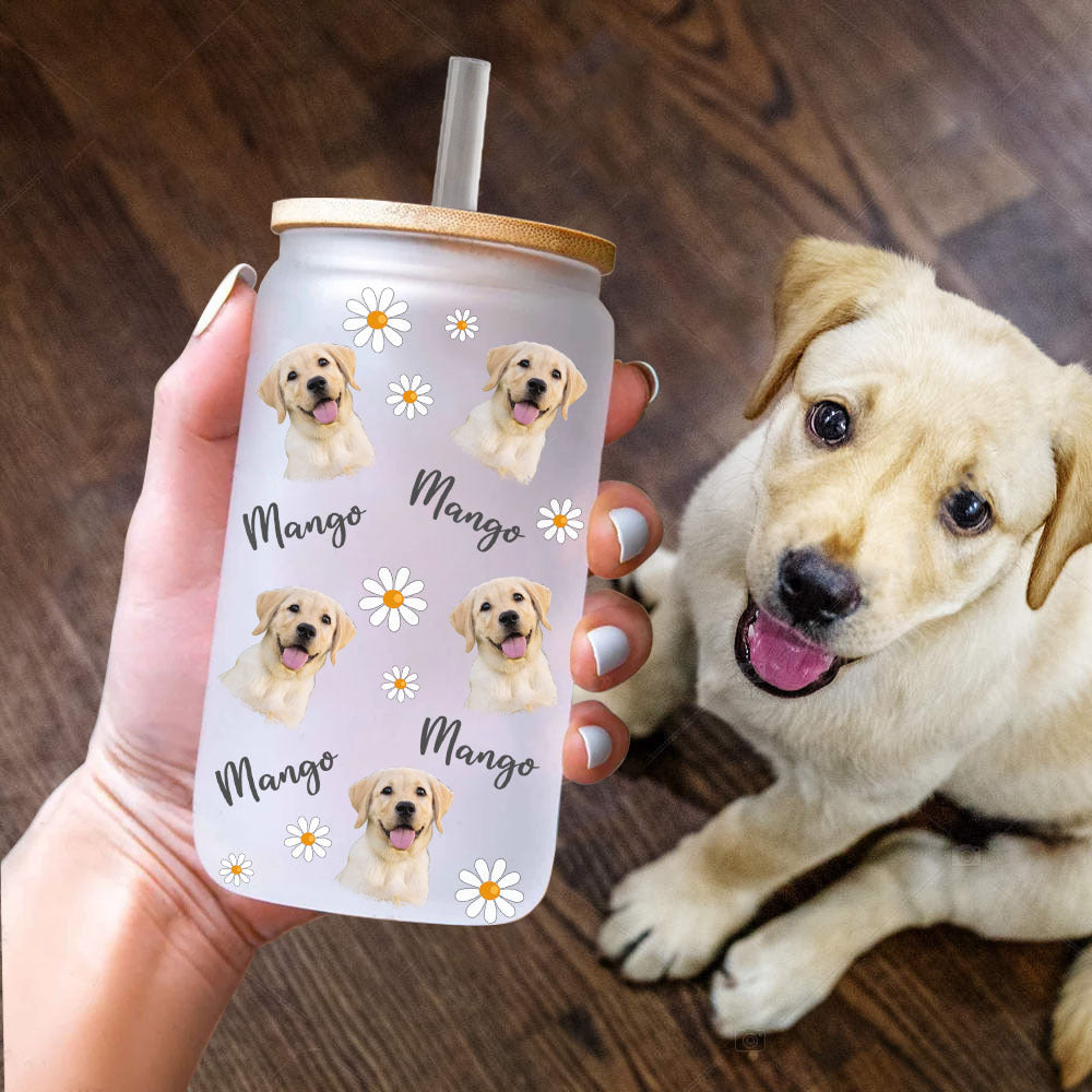 Personalized Glass Bottle/Frosted Bottle With Lid & Straw - Gift For Pet Lovers - Funny Dog Cat Photo AF
