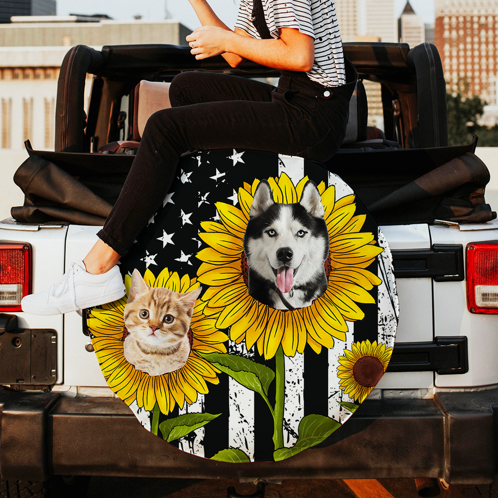 Personalize Pet Photo American Flag Sunflower Spare Tire Cover, Gift For Dog Cat Lovers FC