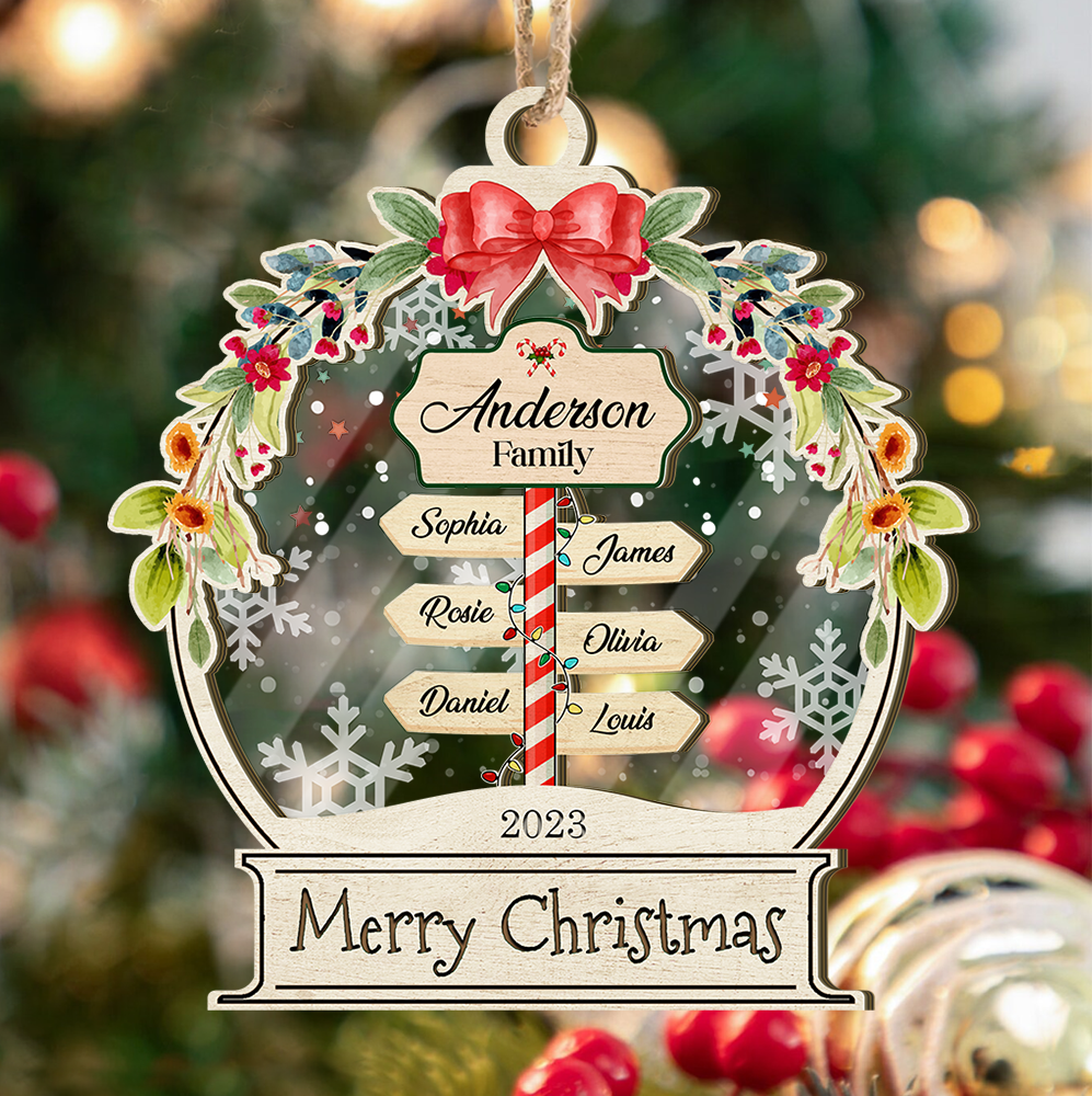 Personalized Wooden & Acrylic Layered Ornament - Christmas Gift For Family - Family Name Signboard with Snow AC