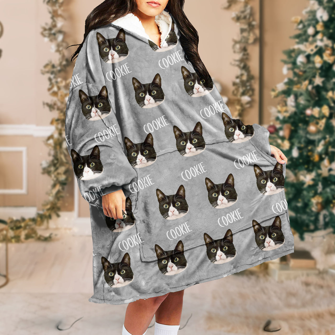 Personalized Blanket Hoodie - Christmas Gift For Pet Lover - Pet Face Photo With Name AB