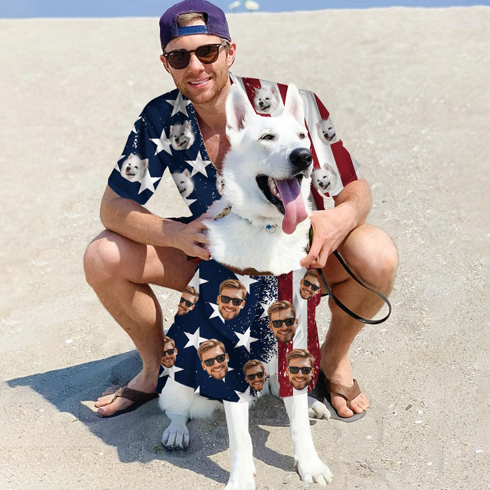 Custom Face American Flag Set Hawaiian Shirt For Pet & Human, Gift For Pet Lover AI