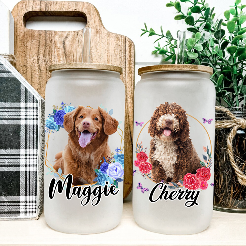 Personalized Multicolor Floral Butterfly Dog Cat Photo Glass Bottle/Frosted Bottle With Lid & Straw AF