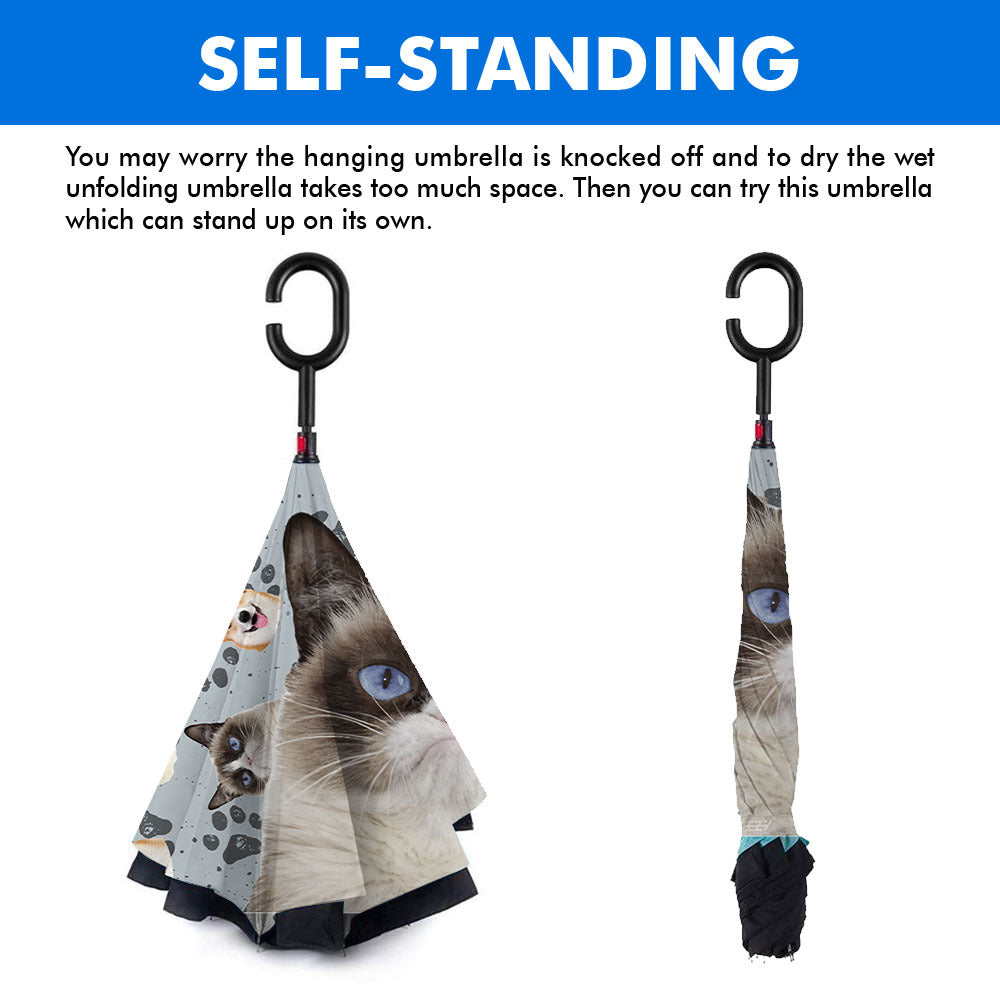 Custom Pet Photo Windproof Reverse Upside Down C-Handle Double Layer Umbrella, Gift For Pet Lover JonxiFon