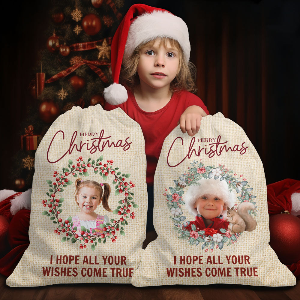 Personalized Santa Sack - Christmas Gift For Family - Christmas Wreath Family Photo AB