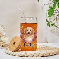 Thumbnail for Personalized Multicolor Floral Butterfly Dog Cat Photo Glass Bottle/Frosted Bottle With Lid & Straw AF