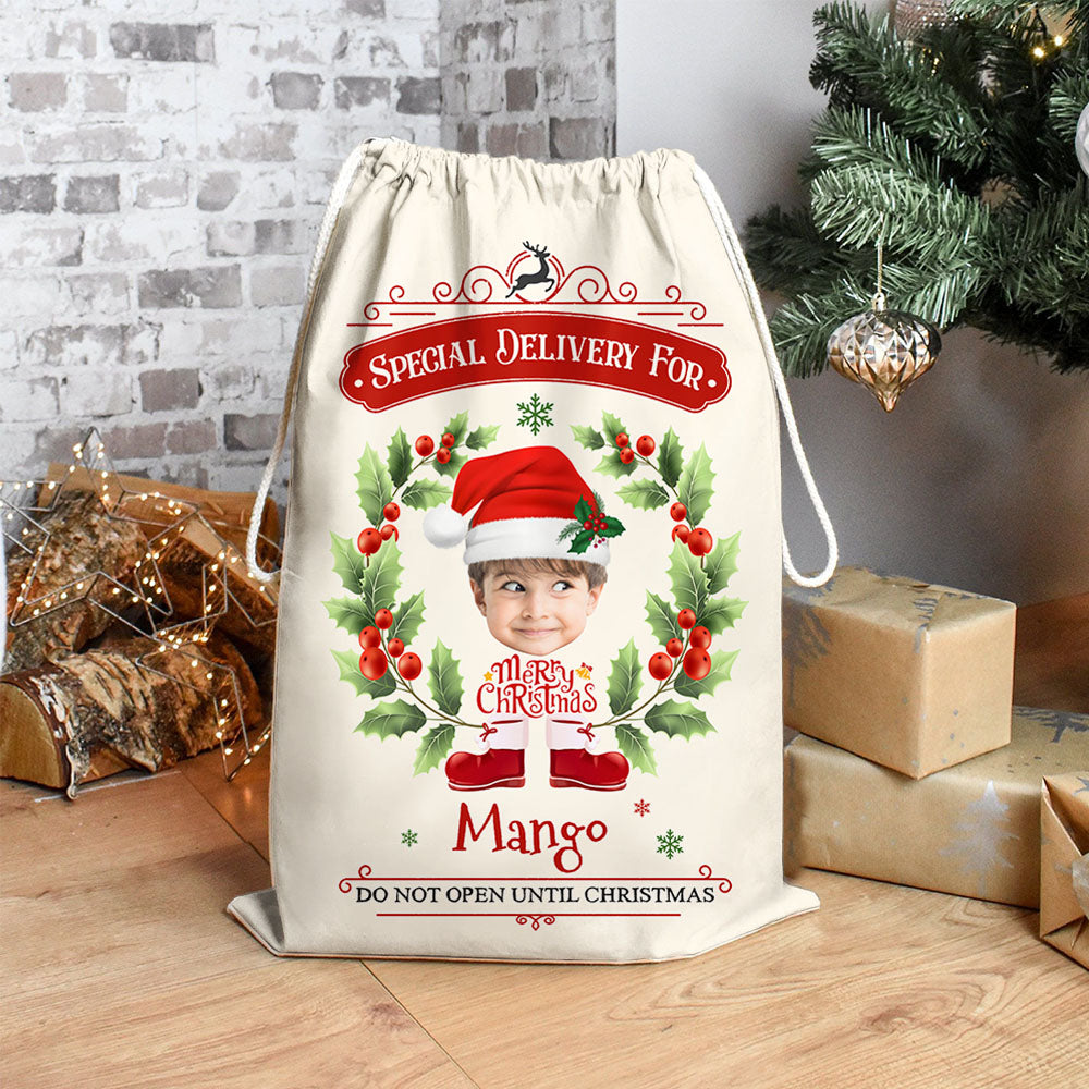 Personalized Santa Sack - Christmas Gift For Family - Holly Christmas Costume Face Photo AB