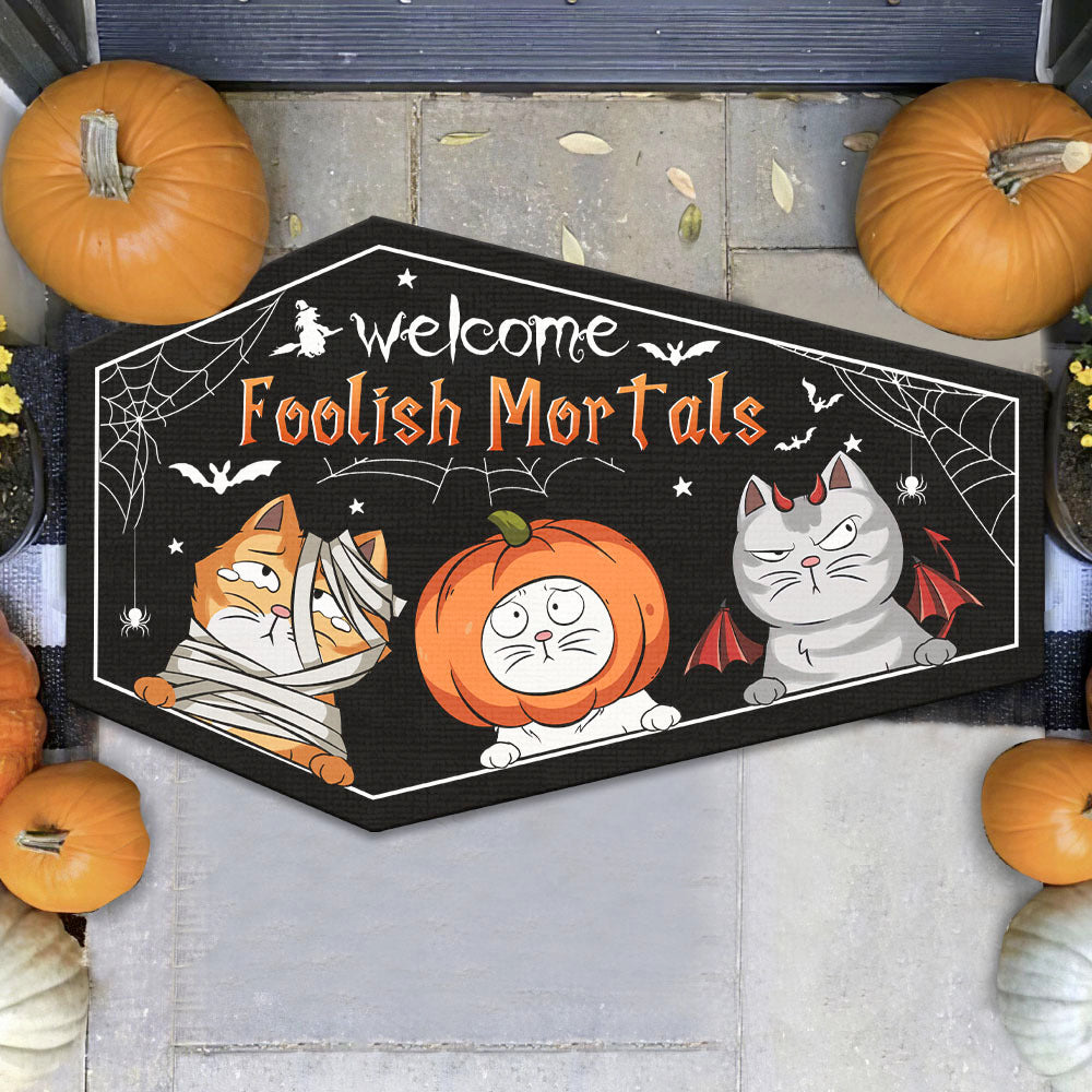 Personalized Coffin Shaped Doormat - Halloween Gift For Cat Lovers - Welcome Foolish Mortals AB