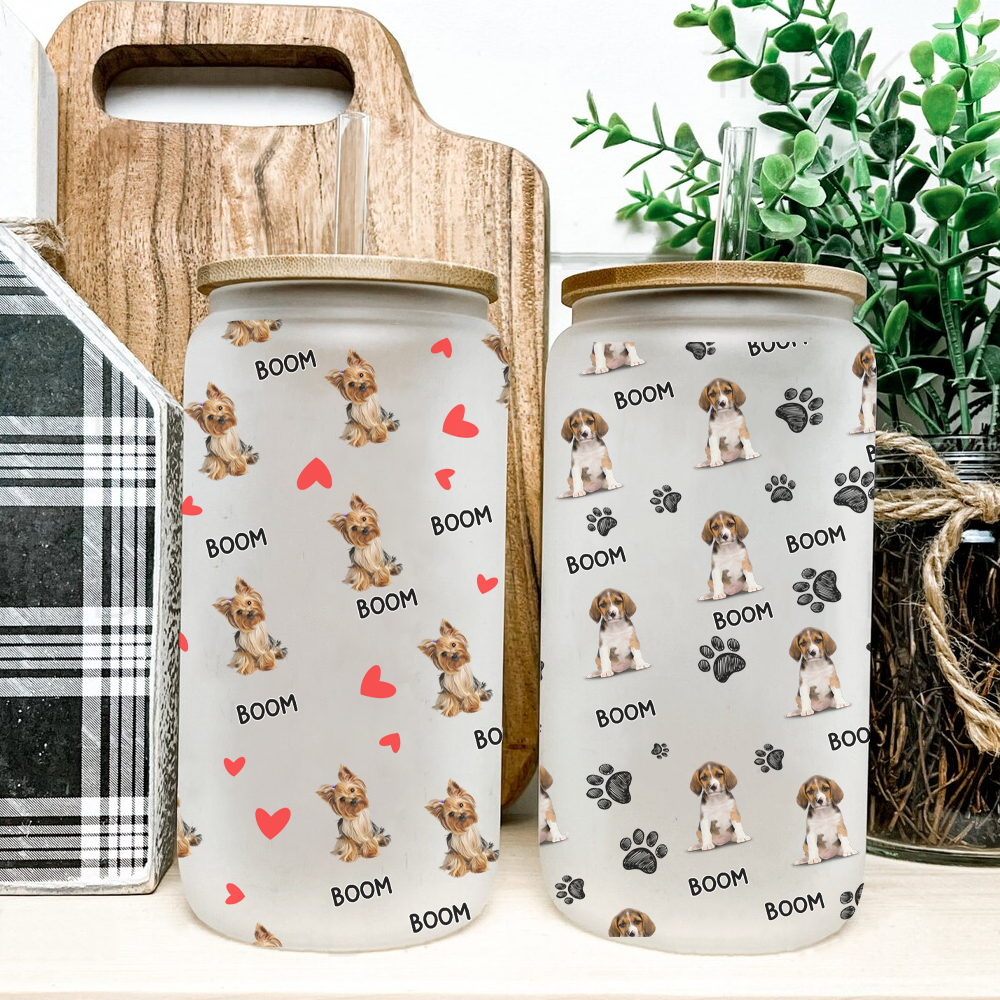 Personalized Pet Photo & Name Summer Glass Bottle/Frosted Bottle With Lid & Straw, Best Gift For Dog Cat Lovers AF