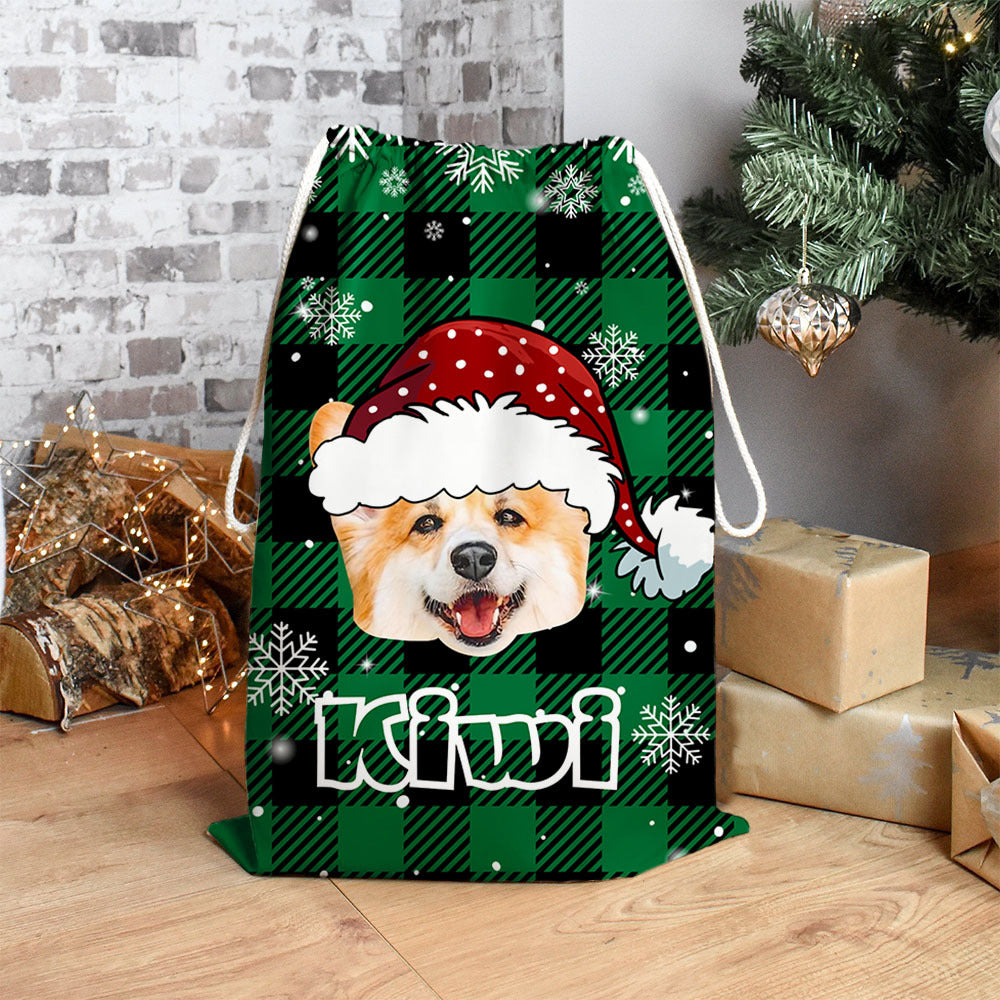 Personalized Santa Sack - Christmas Gift For Pet Lovers - Plaid Pattern Face Photo AB