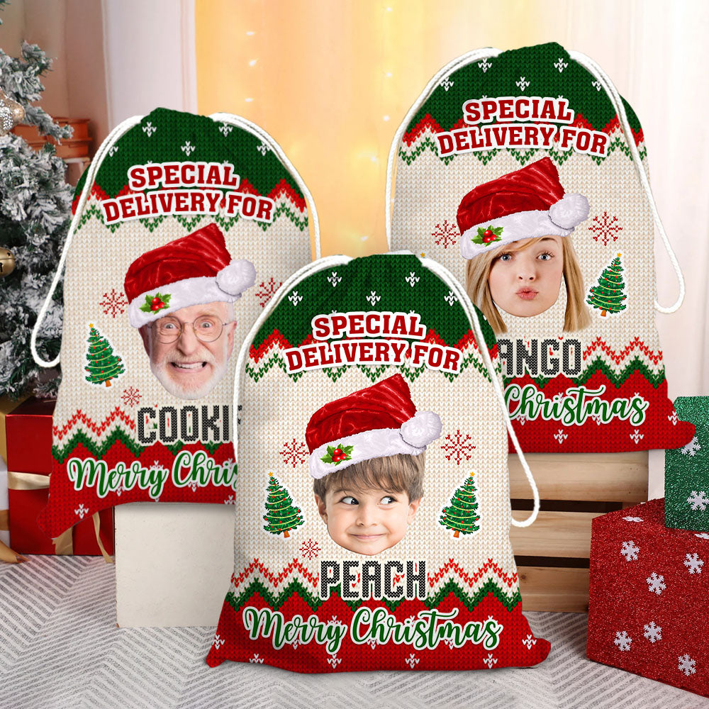 Personalized Santa Sack - Christmas Gift For Family - Ugly Sweater Pattern Face Photo AB