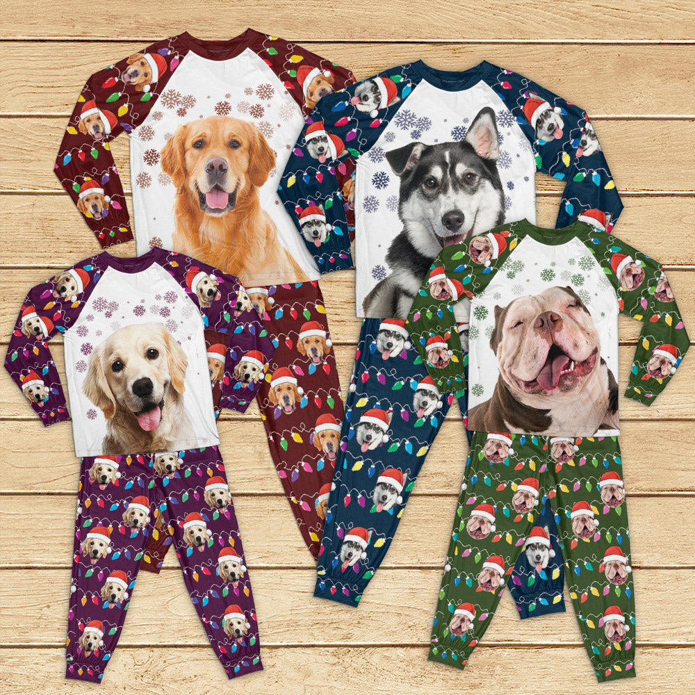 Personalized Raglan Pajamas Set - Christmas Gift For Pet Lovers - Colorful Christmas Lights Pet Photo Merchize