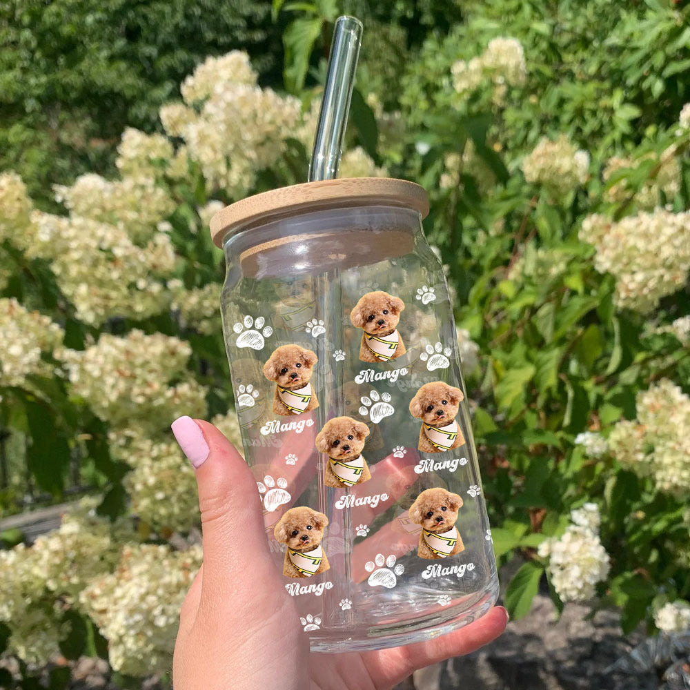 Custom Photo With Name Dog Cat Glass Bottle/Frosted Bottle With Lid & Straw, Pet Lover Gift AF