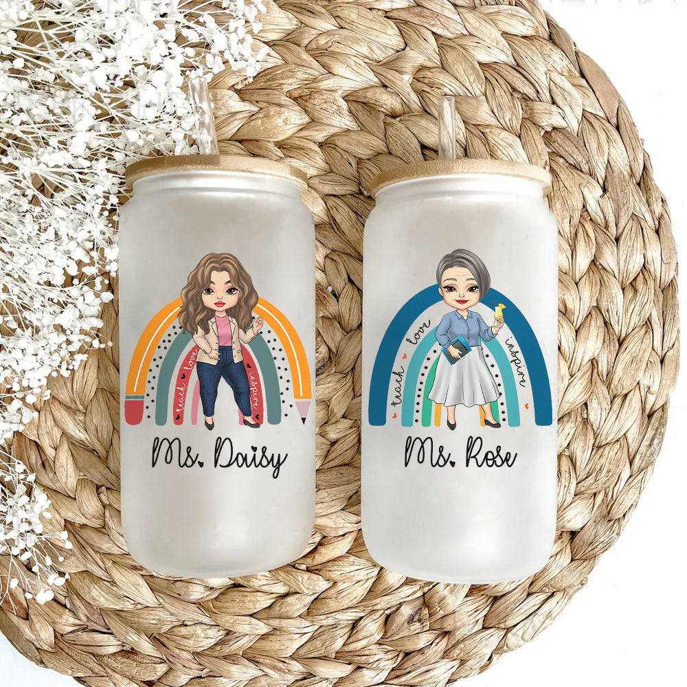 Custom Female Teacher Rainbow With Name Glass Bottle/Frosted Bottle With Lid & Straw, Gift For Teacher AF