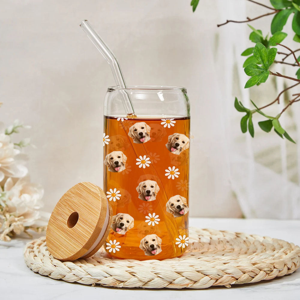 Custom Photo Face Glass Bottle/Frosted Bottle With Lid & Straw, Pet Lover Gift AF