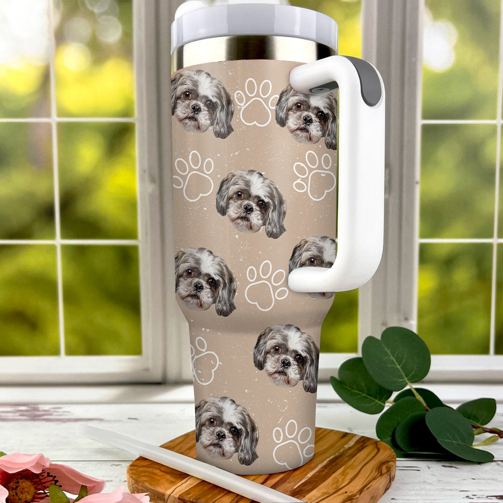 Personalized 40 oz Tumbler With Handle and Straw Lid - Gift For Pet Lovers - Dog Cat Face Photo Retro Style FC