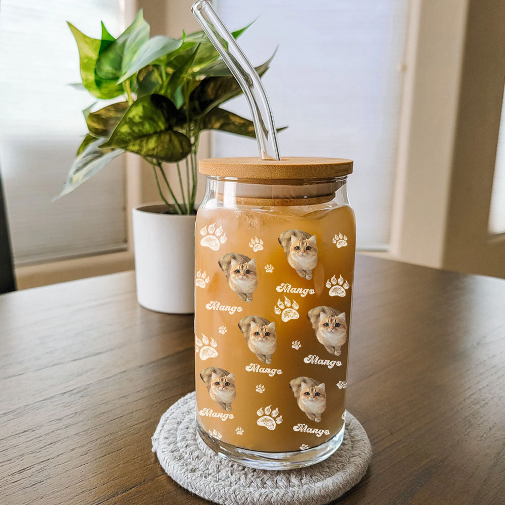 Custom Photo With Name Dog Cat Glass Bottle/Frosted Bottle With Lid & Straw, Pet Lover Gift AF