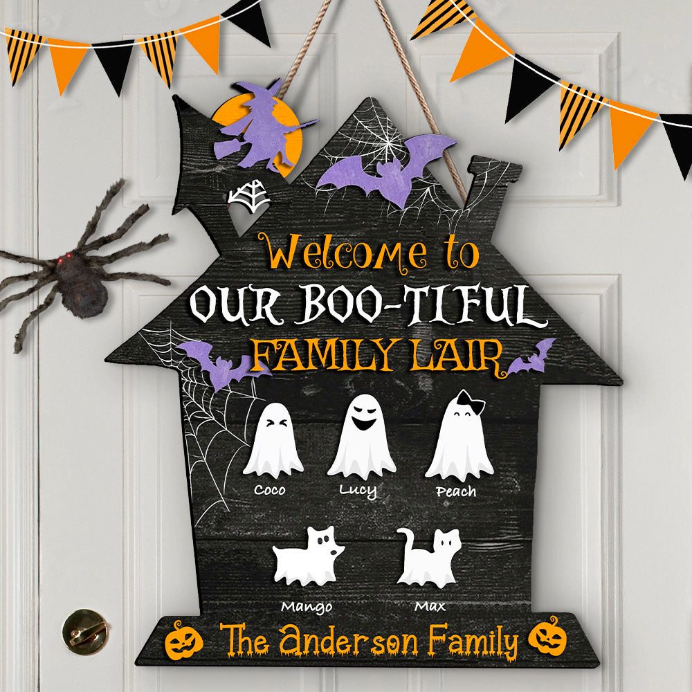 Personalized Shaped Door Sign - Halloween Gift For Family - Welcome To Our Boo-tiful Family Lair AE