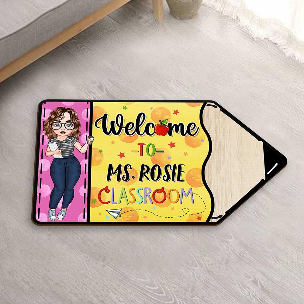 Custom Welcome To Teacher Classroom Pencil Shaped Doormat, Gift For Teacher AB