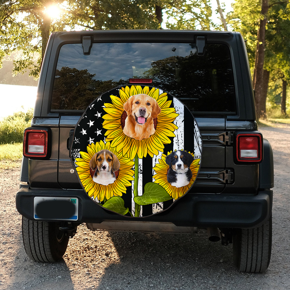 Personalize Pet Photo American Flag Sunflower Spare Tire Cover, Gift For Dog Cat Lovers FC