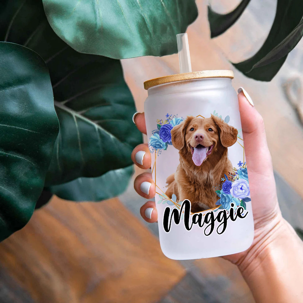 Personalized Multicolor Floral Butterfly Dog Cat Photo Glass Bottle/Frosted Bottle With Lid & Straw AF