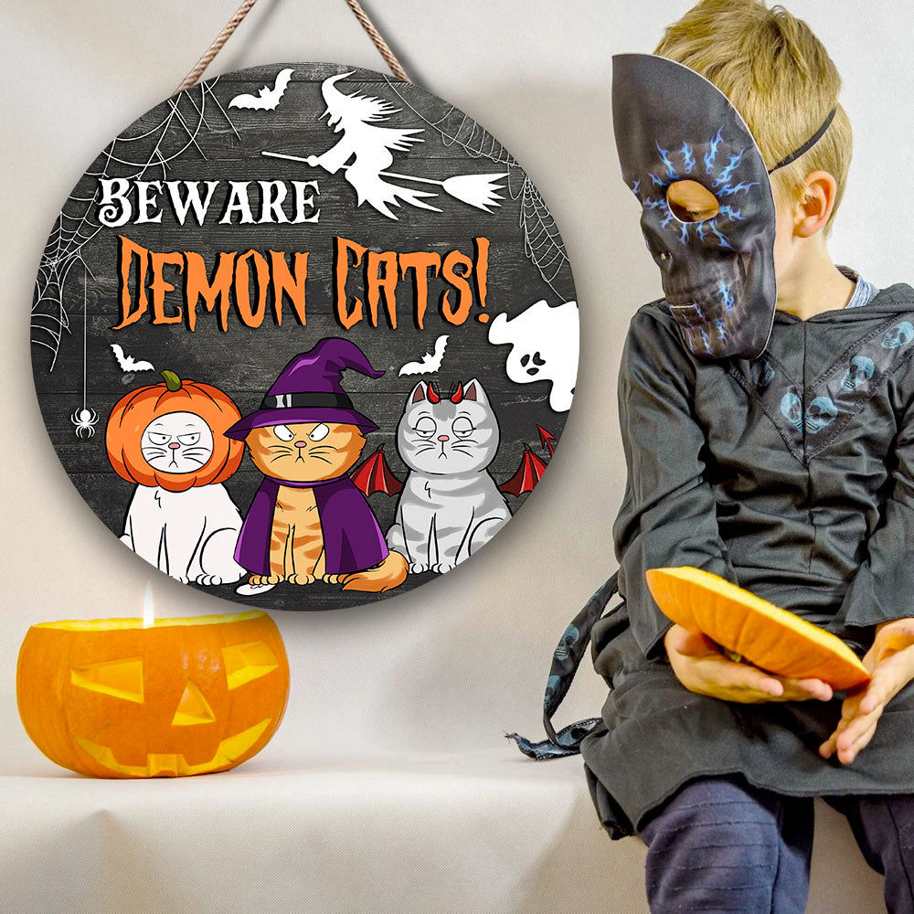 Custom Beware Demon Cat Round Door Sign, Halloween Decorations AE