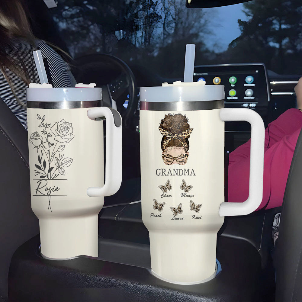 Personalized 40oz Tumbler - Gift For Grandma - Flower Grandma Butterflies Grandkids Yoycol
