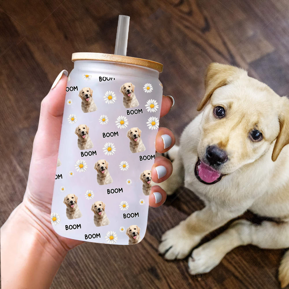 Personalized Pet Photo & Name Summer Glass Bottle/Frosted Bottle With Lid & Straw, Best Gift For Dog Cat Lovers AF