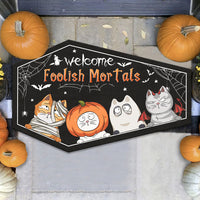 Thumbnail for Personalized Coffin Shaped Doormat - Halloween Gift For Cat Lovers - Welcome Foolish Mortals AB