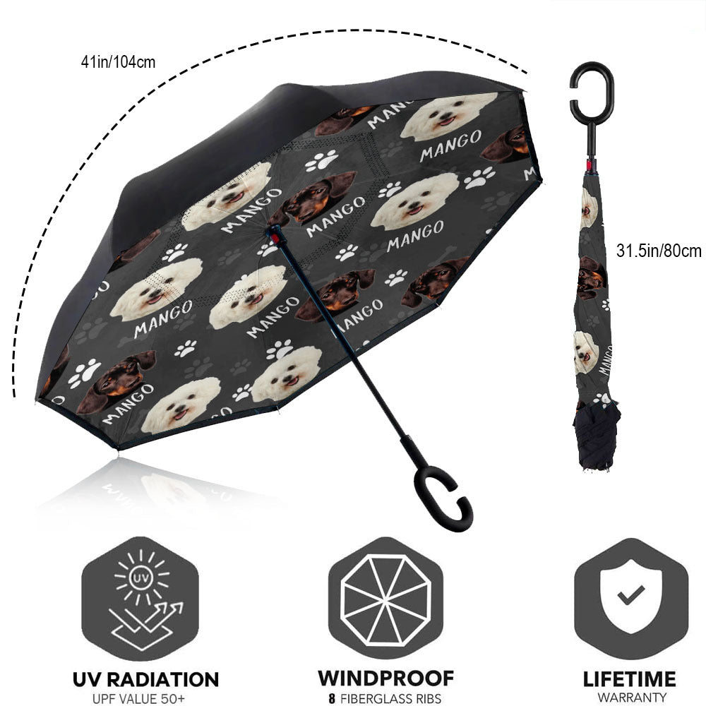 Custom Dog Cat Photo With Name Windproof Reverse Upside Down C-Handle Double Layer Umbrella, Pet Lover Gift JonxiFon