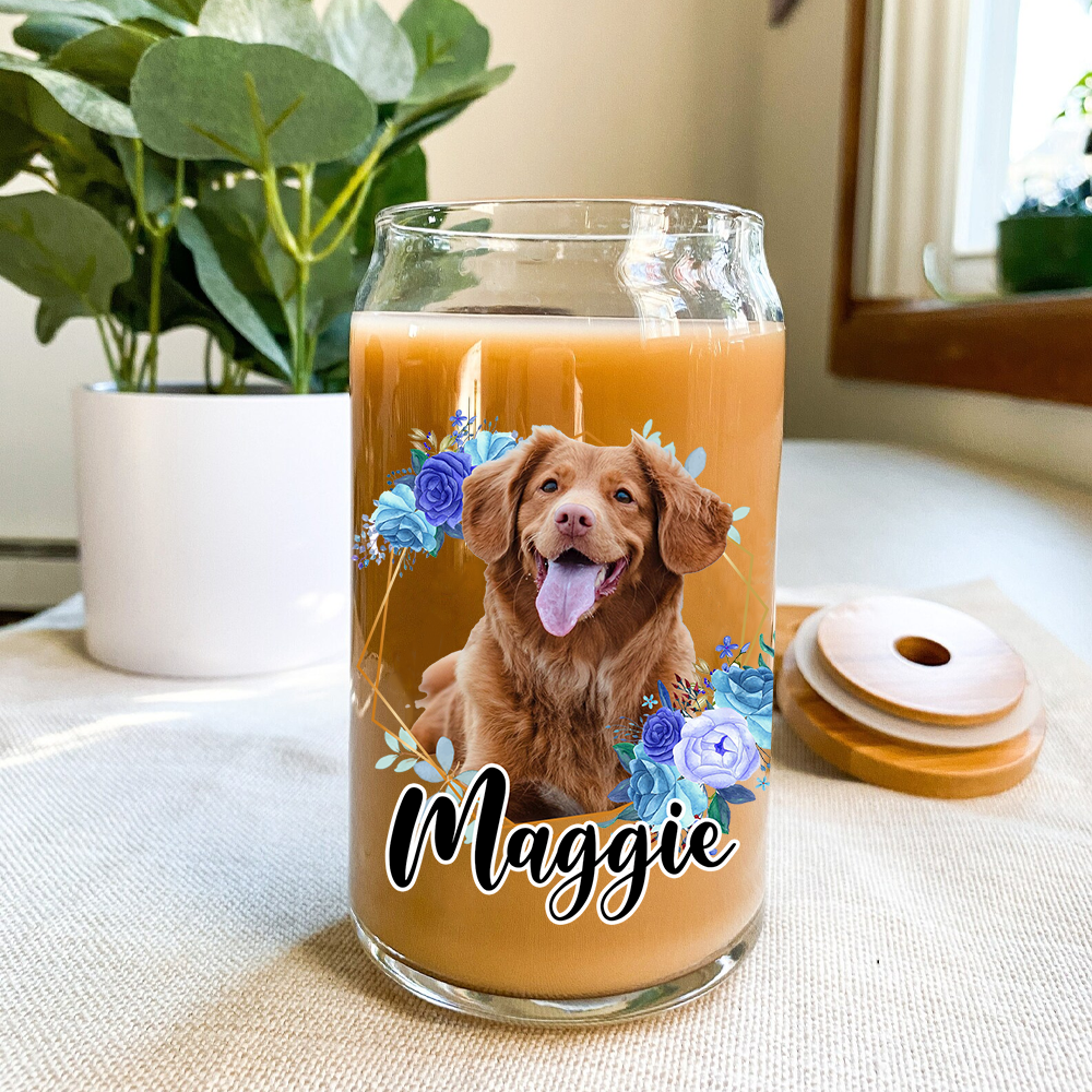 Personalized Multicolor Floral Butterfly Dog Cat Photo Glass Bottle/Frosted Bottle With Lid & Straw AF