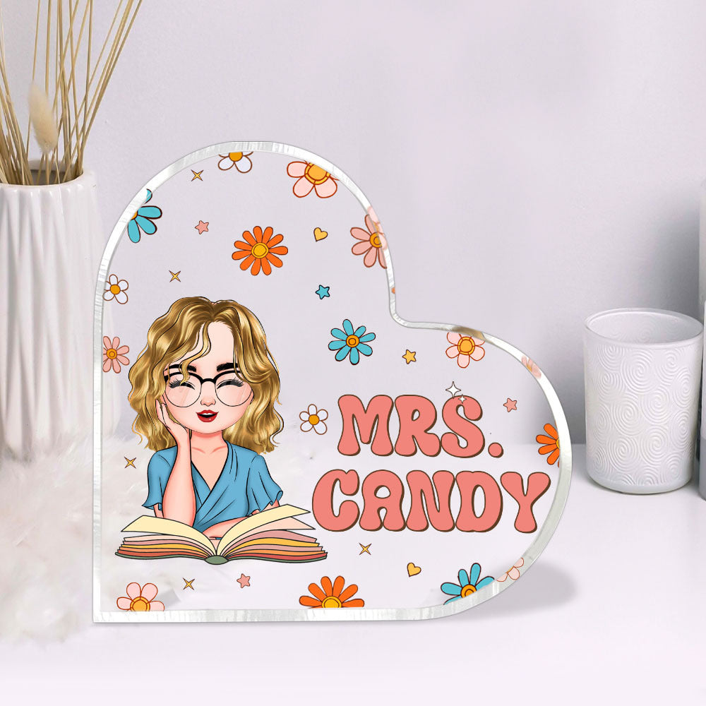 Custom Name With Flowers Retro Magic Heart Shaped Acrylic Plaque, Gift For Her AA